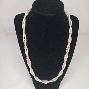 Vintage Pearl & Coral 2 Strand Twist Necklace W/ Gold Tone Clasp